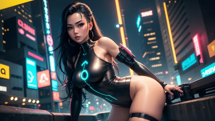 1 garota, a beautiful girl, sexy girl, cyberpunk, a realista, Asian skin tone, lindo olho, Cute Asian face, cabelo longo e ruivo, de frente, corpo inteiro, seios grandes, wearing a sexy skintight cybernetic swimsuit, background of a cyberpunk city at night...