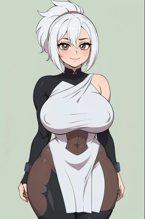 masterpiece, best quality, ultra-detailed, illustration, colorful, flat color, depth of field, 1girl, riven, anime, standing, white hair, folded ponytail, short hair, brown eyes, looking at viewer, simple background, hands behind back, tight black bodysuit...