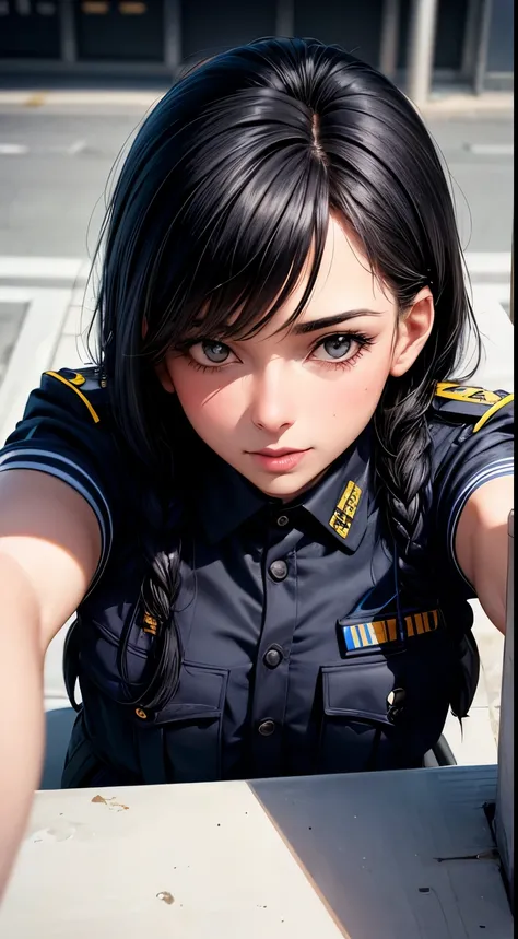 Woman, 30 years, adult, black hair, sexy police officer in uniform, nigth, soft ligth, face detail, from above, fingers --style realistic-imagine -