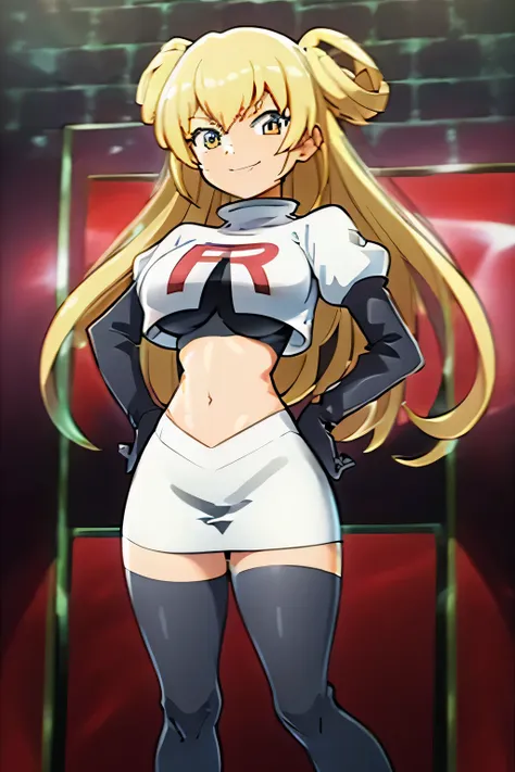 8k, anime screencap,1girl in, (solo:1.2), (perfect body:1.1), (best quality:1.1), very large breast, team rocket uniform, red le...