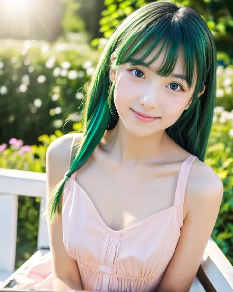 beautiful japanese girl　13 years old　 (whole body:1.5)　（shiny green hair:1.5）　long hair in a ponytail　asymmetrical bangs　big magic eyes　high resolution black eyes　shiny soft skin　pale pink lip　Relaxed smile　White Princess Dresses　Detailed and perfect clavi...