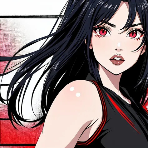 make a the actor Megan fox as a sexy anime girl portrait with red eyes, black and whit