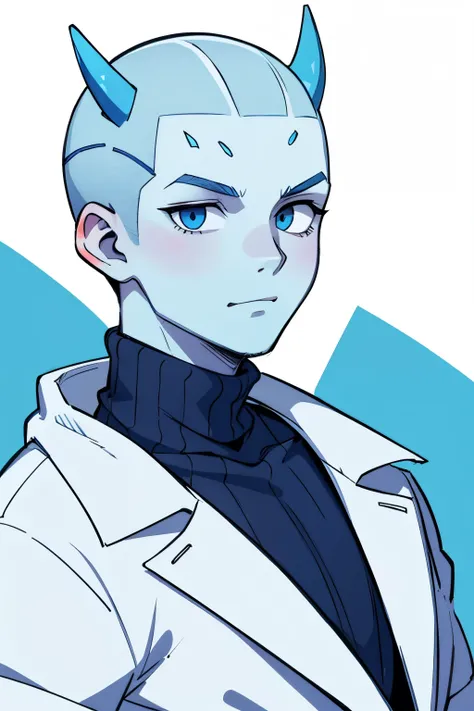 boy, adult, blue skin, White hair, shaved head, hair covers one eye,  horns from the front, Blue turtleneck, razor sharp