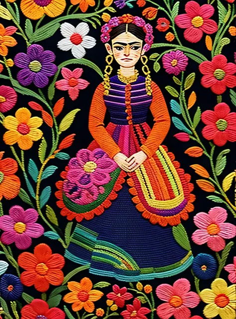 Embroidered frida and flowers in various colors