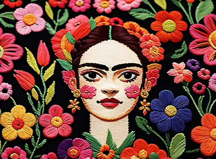 Embroidered frida and flowers in various colors