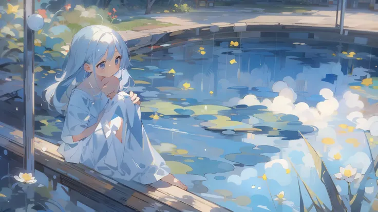 absurd, High resolution, (anime style:1.1), ((table top)), ((highest quality)), (Super detailed), (beautiful), alone, beautiful face、9. blue reflection：Woman sitting by a quiet blue pond，Her reflections blend in with the nature around her。The surface of th...