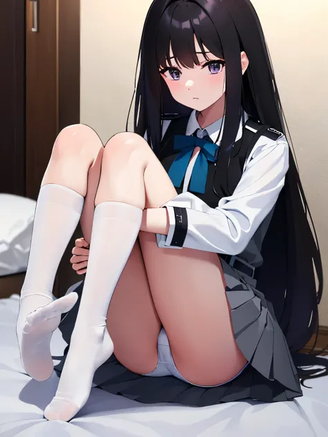 Takiinoue, Inoue Takina, Long hair, Bangs, Black hair, (Purple eyes:1.2), BREAK  shirt, Long sleeves, Dress, bow ribbon, School uniform, White shirt, Collared shirt, Belt bag, Neck ribbon, Blue Dress, Green Ribbon, pleated dress, grey dress, Two-tone dress...