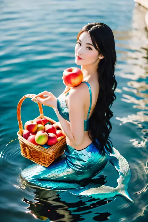 mermaid sitting in water with basket of apples in hand