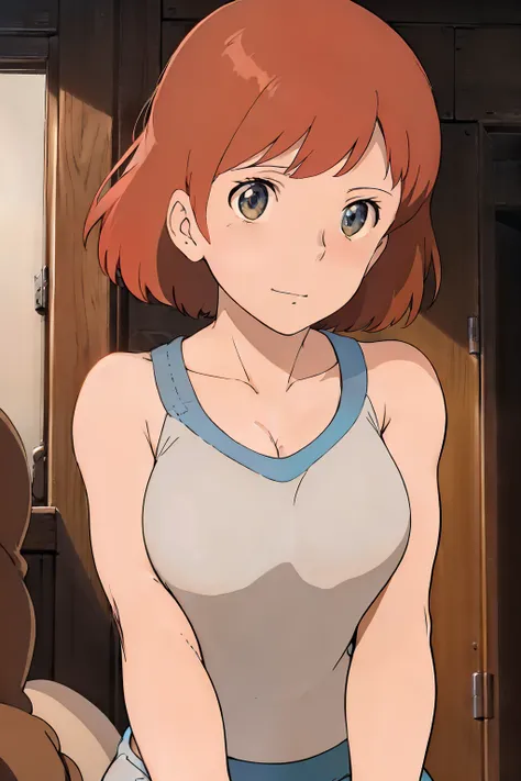 Nausicaa, 1girl, solo, cute, blush, slim, brown hair, (looking at away, cleavage), cowboy shot, huge breasts, (white tanktop:1.5), sit, bed, (perfect detailed anatomy, beautiful face&eyes, beautiful skin, perfect body)