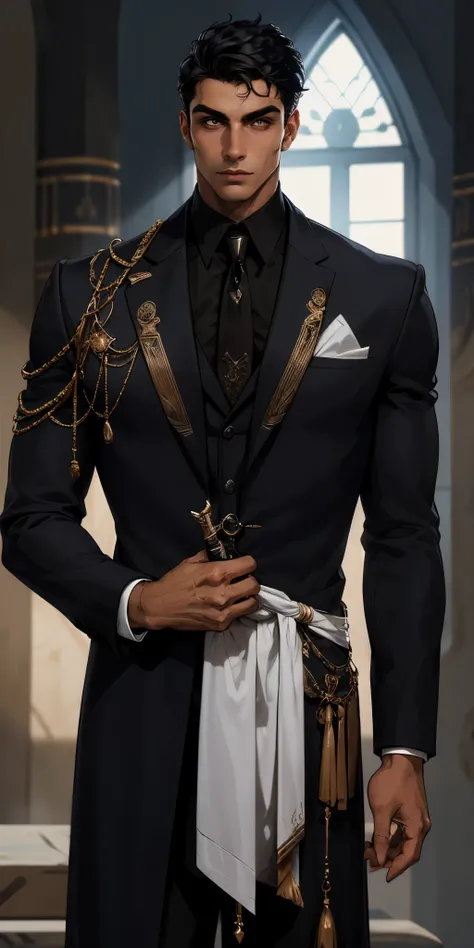 Quero um bruxo masculino e jovem  na idade entre seus 19 anos, vestido em trajes condizentes a um estudante, in your hand have an exotic wand, his body is moderately muscular, his hair is black and short, rosto liso e pele branca com as bochechas coradas.