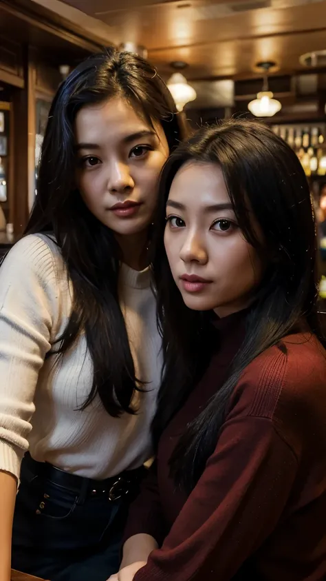 30 years old Hong Kong sisters in pub, 2 women, black long hair,  red sweater, realistic akin, seductive 