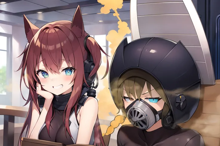 farts, fertofuchs, acoustics, fartチューブ, hoses, sitting on face, gas mask, facesitting,smirk smile,in ruin,(2 anime girls),fart,o...