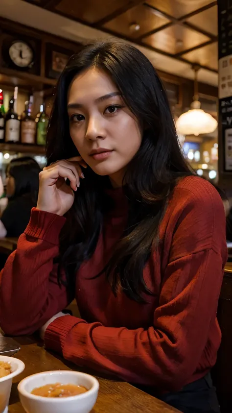 30 years old Hong Kong woman in pub, black long hair,  red sweater, realistic akin