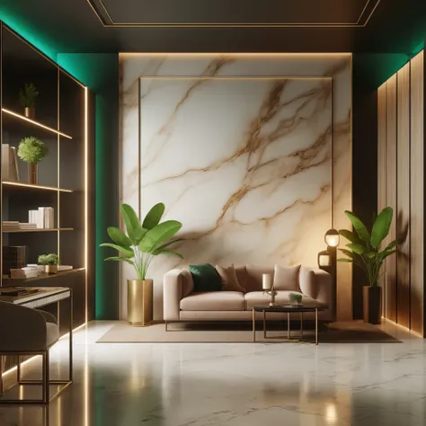 A modern luxury interior design background for youtube background video UHD, photorealistic that is comfortable for study. It has a marble wall, a couch and a book shelf on the left. It also has some plants to add some greenery and freshness. the color pal...