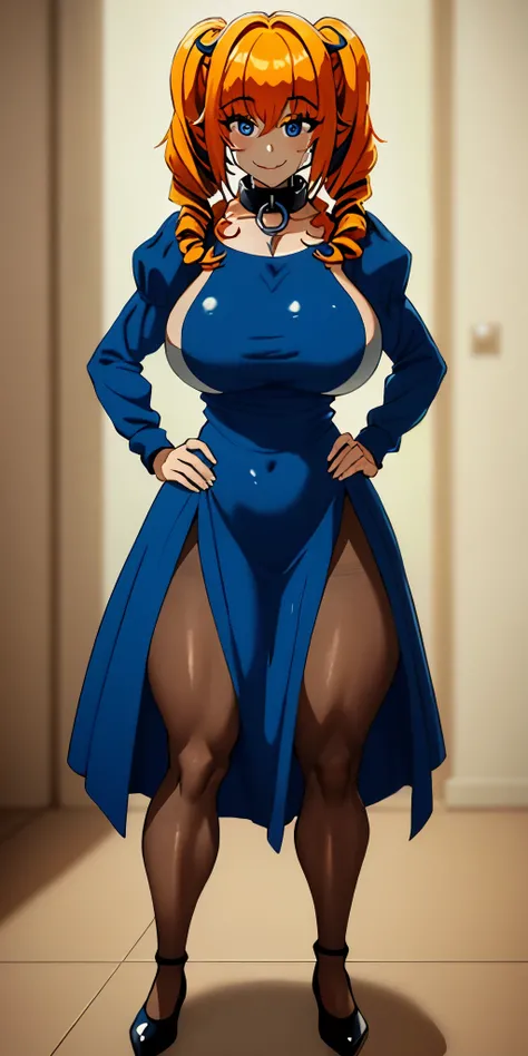 full body standing straight symmetrical, huge boob(masterpiece, best quality:1.2), cowboy shot, solo, 1MILF, mmplatz, smile, looking at viewer, hands on hips, twintails, twin drills, dress, blue pantyhose, striped pantyhose, Handcuffs on their hands, With ...