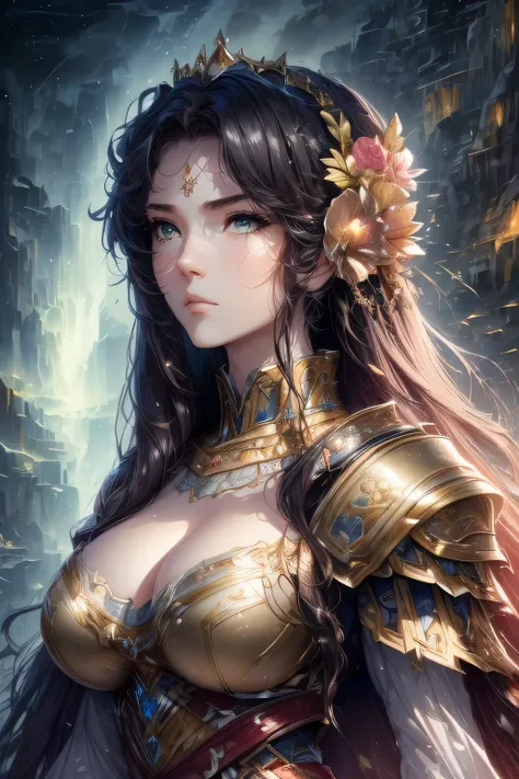 (best quality,4k,8k,highres,masterpiece:1.2),ultra-detailed,realistic:1.37,portrait,detailed face,detailed eyes,full body,woman,armor,big breasts,long eyelashes,fighting,space background,dark colors,crown