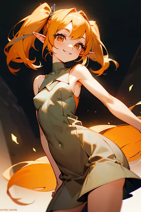 1girl, short size, elf, small breasts, orange eyes, orange long hair, twintails, grey sleeveless dress, bare shoulders, smile, masterpiece, ultra-detailed, 