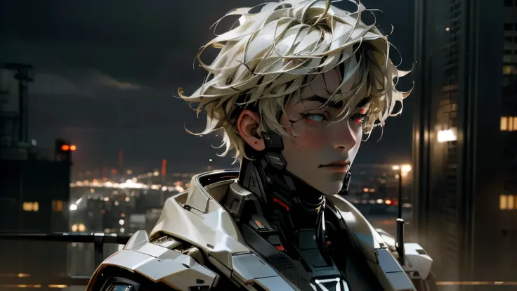 (best quality, ultra-detailed, realistic:1.37), portraits, cyborg boy, red-eyed, beautiful face, angelic features, city landscape, futuristic style, vibrant colors, dramatic lighting