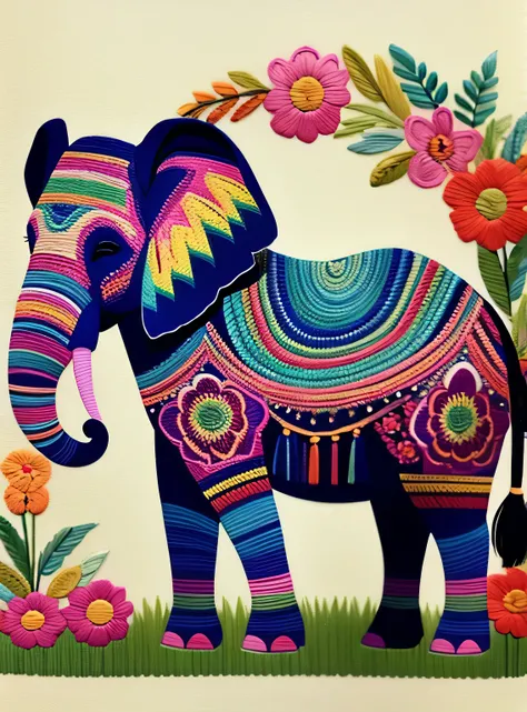 Elefante bordado em muitas cores