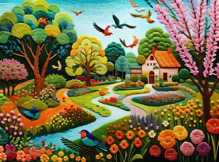 Embroidered garden and birds in many colors