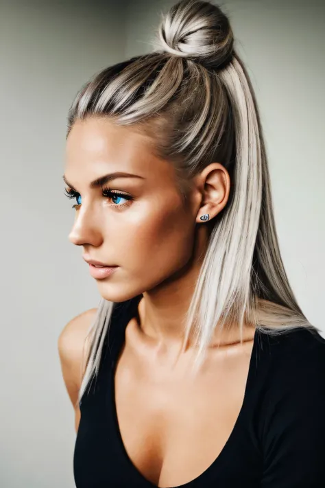 photorealistic, best quality, Fit woman 23 years old, long gray hair, an eye contact of a blond with bun hair and dark theme