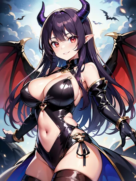 swirling clouds, dark sky, bat wings, horns, glowing red eyes, dark purple hair, black tunic, cleavage, big breasts, masterpiece, best quality, sexy outfit, vivid colors, girl, long hair, evil smile,, cowboy shot