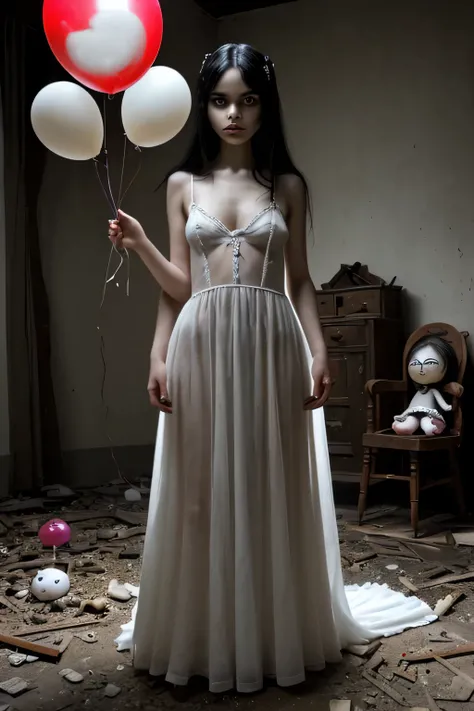 una casa de terror oscura , abandonado, dolls scattered on the floor, pretty chica standing in front wearing white long dress face unexpressive pale skin nice body red baloons very beautiful face cute nice body shape hermosa, Lugar oscuro, pelo negro, pelo...