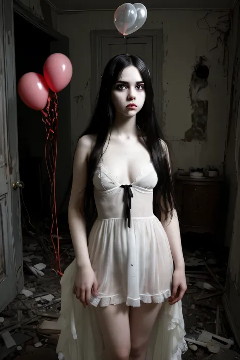 una casa de terror oscura , abandonado, dolls scattered on the floor, pretty chica standing in front wearing white long dress face unexpressive pale skin nice body red baloons very beautiful face cute nice body shape hermosa, Lugar oscuro, pelo negro, pelo...