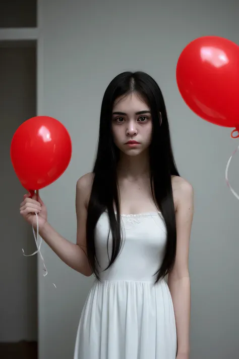 una casa de terror oscura , pretty chica standing in front wearing white long dress face unexpressive pale skin nice body red baloons very beautiful face cute nice body shape hermosa, Lugar oscuro, pelo negro, pelo largo, chica, no make up teenager  rostro...