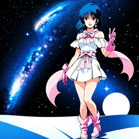 lynnminmay,1 chica,solo,pelo negro,
idol,vestido corto blanco,fuera del hombro,
guantes rosas,
lazo rosa en la cintura,
minifald...