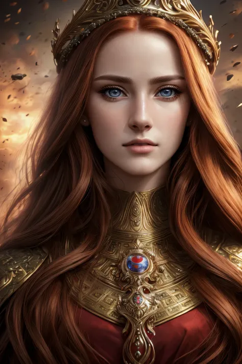 (best quality,4k,8k,highres,masterpiece:1.2),ultra-detailed,(realistic,photorealistic,photo-realistic:1.37),beautiful woman,detailed face,detailed eyes,long red hair,dark crown,detailed clothes,full body,war background,vivid colors,sharp focus,dramatic lig...