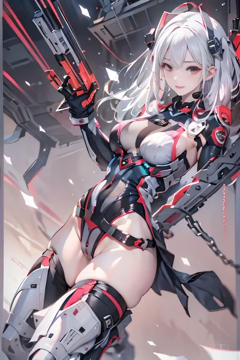 (realism:1.5、highest quality、masterpiece、High resolution、must-have)、snow mountainに立つ1人の23歳の女性、cyber punk、(Red Slingshot Swimsuit:1.5、choker)、beautiful skin、 (looking at the camera:1.2)、(Photo seen from below:1.3)、(medium hair:1.2、bright platinum hair:1.5)、...