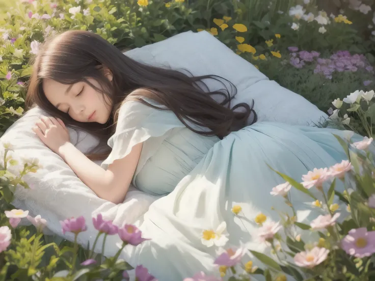 Under the gentle sunshine、Create a beautiful illustration of a long-haired girl sleeping in the center of a flower garden. Her hair should be fluttering in the wind, vivid flowers々surrounded by. Illustrations must be high resolution, with exquisite details...