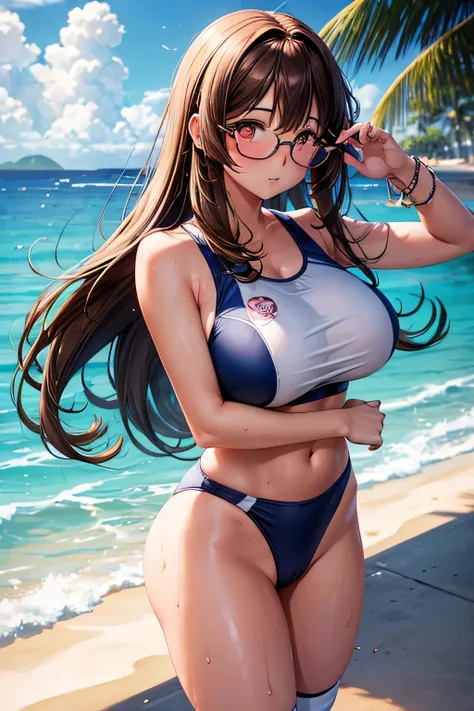 High resolution, high quality, 1 girl, anime girl, Brown hair long hair, brown eyes,heart-shaped pupil, green glasses, tanned skin, big breasts,beautiful breasts, (big ass),beautiful butt,Sweat,school swimwear,white knee socks,whole body,walk,on the beach,