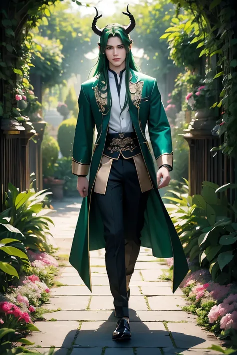 ((Best quality)), ((masterpiece)), (detailed), ((perfect face)), ((halfbody)) perfect proporcions, He is a handsome man with long green hair, he is 18 years old, he has horns, he wears Chinese clothing open at the chest, he is sensual, he is on a backgroun...