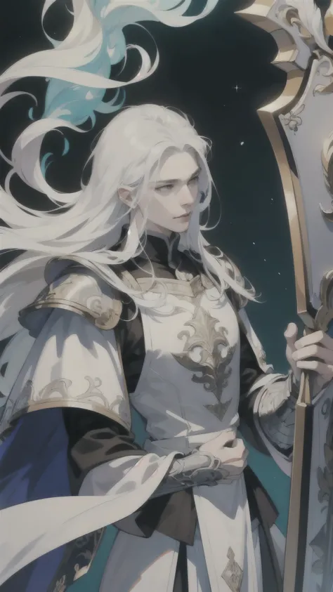 (gleaming shield:1.1, silver accents on armor)
28-year-old man with (albino) features,(ultra-detailed, anime style) (long white hair) flowing down to his waist. He stands tall and proud, dressed in (knight) armor that exhibits (silver accents on armor) (be...