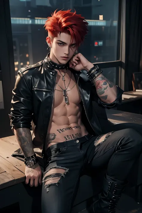 ((Best quality)), ((masterpiece)), (detailed), ((perfect face)), ((halfbody)) perfect proporcions, he is a bad boy, 18 years old, he has messy red hair, he has his hair shaved on one side, badass, he is sexy, he has many piercings, he wears black leather, ...