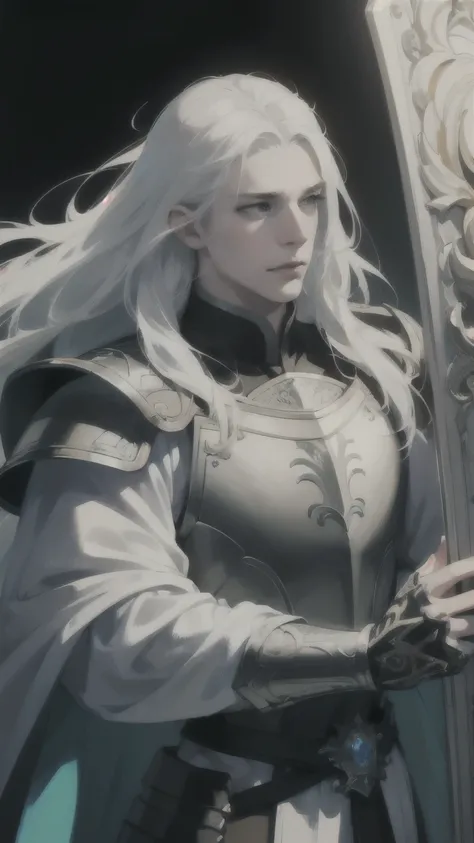 (gleaming shield:1.1, silver accents on armor)
28-year-old man with (albino) features,(ultra-detailed, anime style) (long white hair) flowing down to his waist. He stands tall and proud, dressed in (knight) armor that exhibits (silver accents on armor) (be...