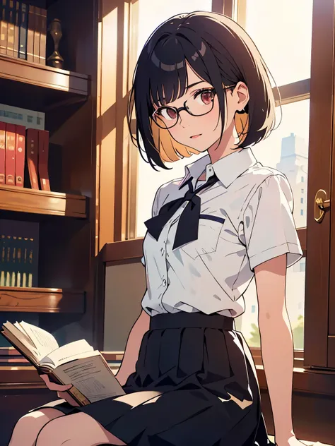 { masterpiece: best quality } { school theme } { background = in a library : books } { Character = Dahyun : fit body : short dark bob hair with straight bang : wearing glasses : white collar shirt : black tie : black skirt } { accurate to description } { S...