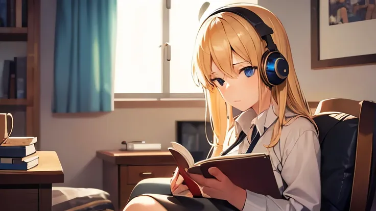 Girl with blonde hair in her room, with a headset in her ear, reading a book, sitting on the chair, with her cat on her lap
