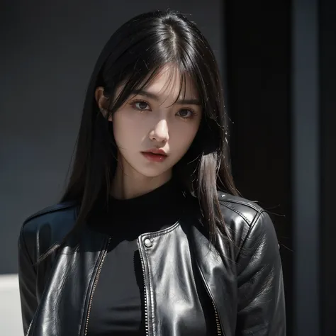 20-year old, long black hair, hair loose, bangs on head, brown eyes,Perfect breasts, serious look, black leather tight-fitting jacket, Black solid-colored T-shirt, cloth black jeans,modern night City, Direct angle,High detail, high quality, best quality, b...