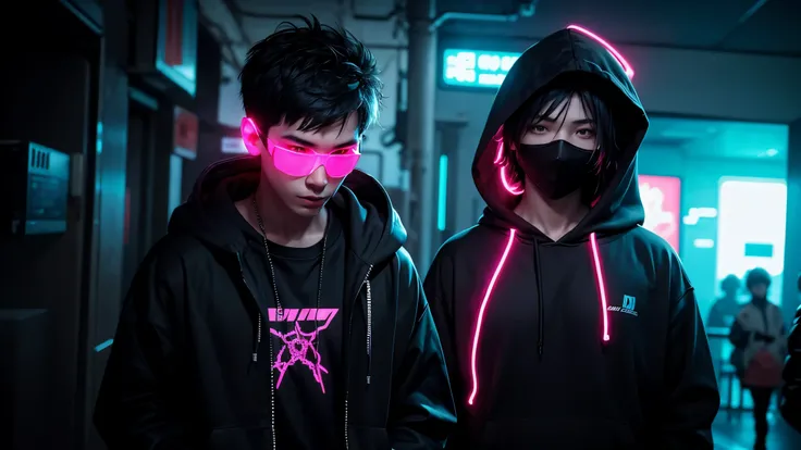 Create dark image of a boy with neon hoodie and neon hoodie cyberpunk style and without showing his face