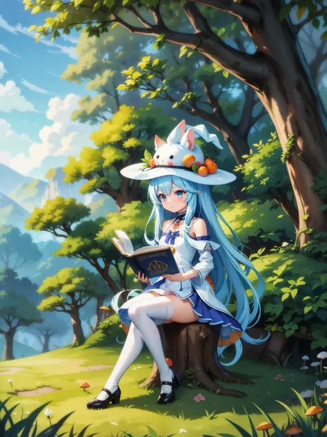 There are small white rabbits with carrots and long ears,  long white ears、Im with a girl with long blue hair and a chibi character。It is a cute white and blue costume。black eyes。There are also witches。I&#39;m sitting on a stump studying magic.。reading a b...