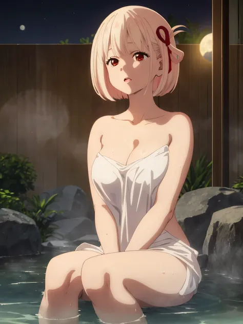 best image quality、high quality、18-year-old、1 girl, masterpiece,A woman relaxing in a hot spring,Towel naked、Glimpse、nipple、Soak up to the shoulders、,look up at the moon、Satisfied look,Beautiful inspired light,Elegant water flow,a soothing atmosphere,Quiet...