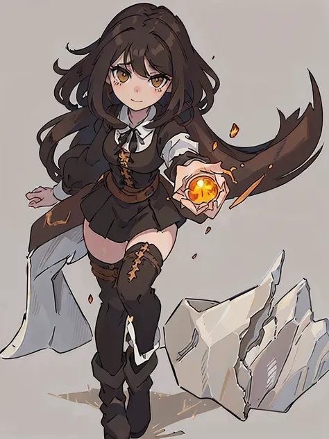 (finely detailed amber eyes: 1.2), (highly detailed:1.3), highly detailed face, pale skin, anime, young girl, cheer, smirk, darkened eyes, long messy hair, hair between eyes, black ribbon tied to hand, light brown hair, black legwear, oversized tunic, fant...