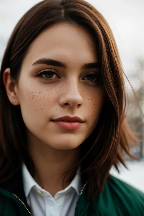 girl with short red hair and green eyes with freckles on her face, cinematic photo (art by Mathias Goeritz:0.9) , photograph, Lush Girlfriend,Rich ginger hair, Winter,  specular lighting, film grain, Samsung Galaxy, F/5, (cinematic still:1.2), freckles . 3...