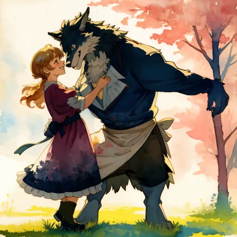 watercolor, soft color, Vintage images, highres, unparalleled masterpiece, absurdres, love story of human  girl and giant Werewolf, pair, Height difference, Physical difference, perfect anatomy, smile, joyful, play with, smile, happy, watercolor,