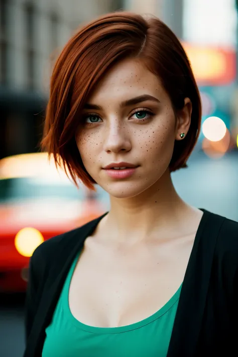 cinematic photo girl with short red hair and green eyes with freckles on her facespecular lighting, film grain, samsung galaxy, ...