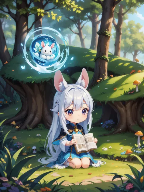 There are small white rabbits with carrots and long ears,  long white ears、Im with a girl with long blue hair and a chibi character。It is a cute white and blue costume。black eyes。There are also witches。I&#39;m sitting on a stump studying magic.。reading a b...