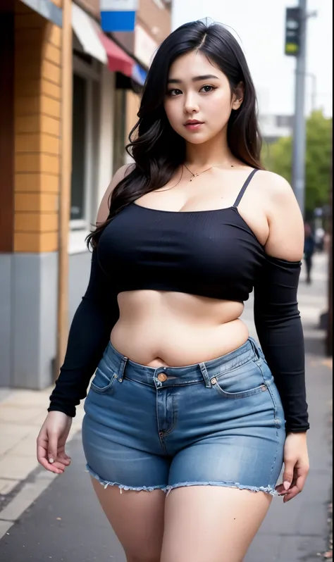 ((best quality)), ((masterpiece)), (detailed), perfect face, araffe woman in a dark-blue shirt and blue denim skirt walking down a street, thicc, she has a jiggly fat round belly, bbwchan, wearing tight simple clothes, skinny waist and thick hips, widest h...